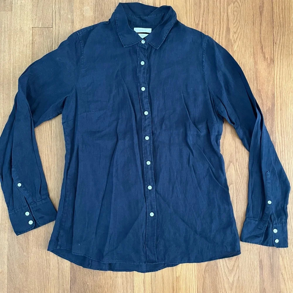 J. Crew Navy Blue Linen Button-Down Perfect Fit Shirt - Picture 1 of 3
